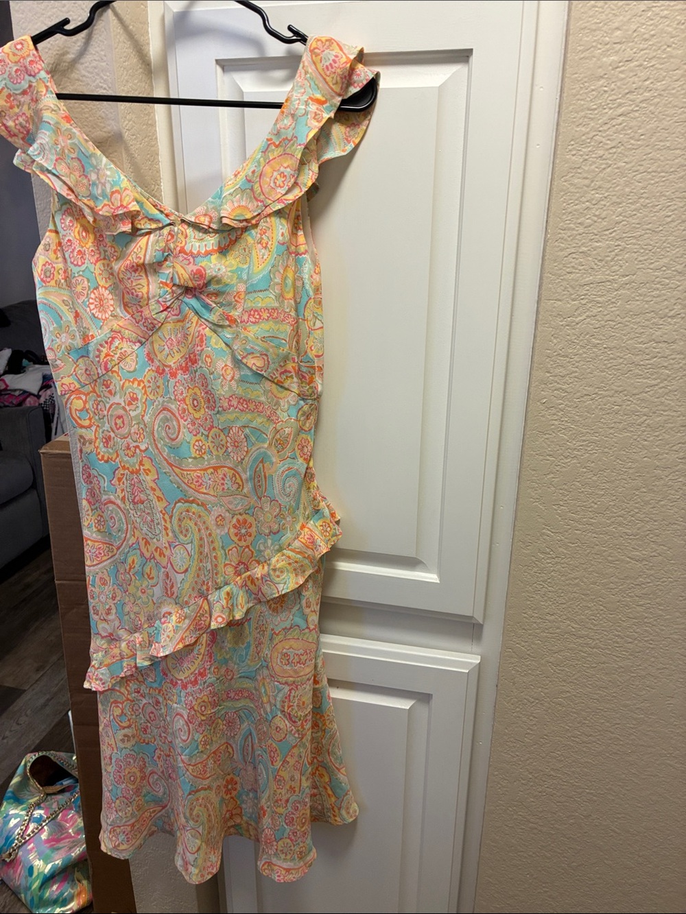 Tyler Boe 100% silk pastel paisley and floral print dress w/ ruffles